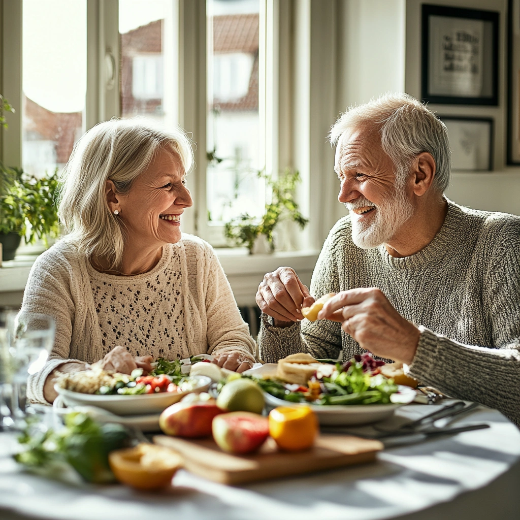 Старше подружжя насолоджується здоровою їжею за столом